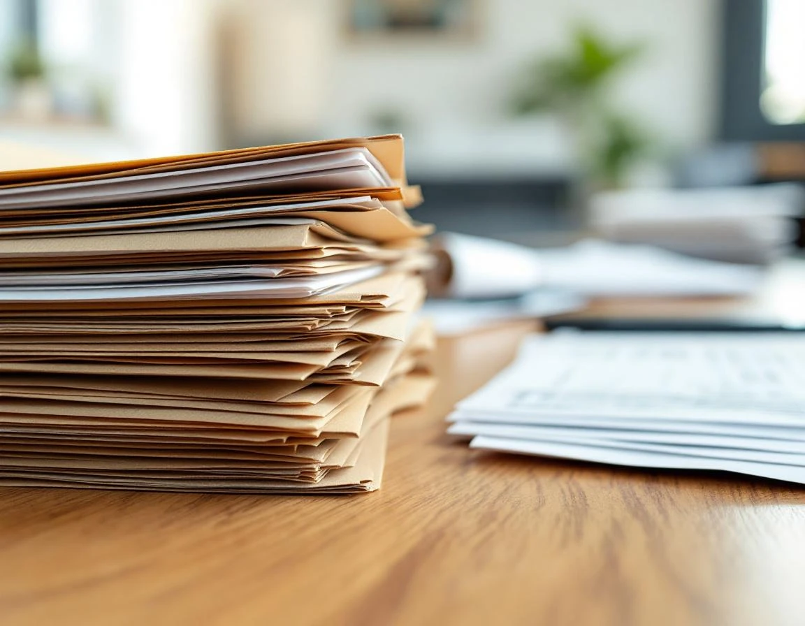 Stacked folders and papers on oak desk showing document preparation workflow during filing season