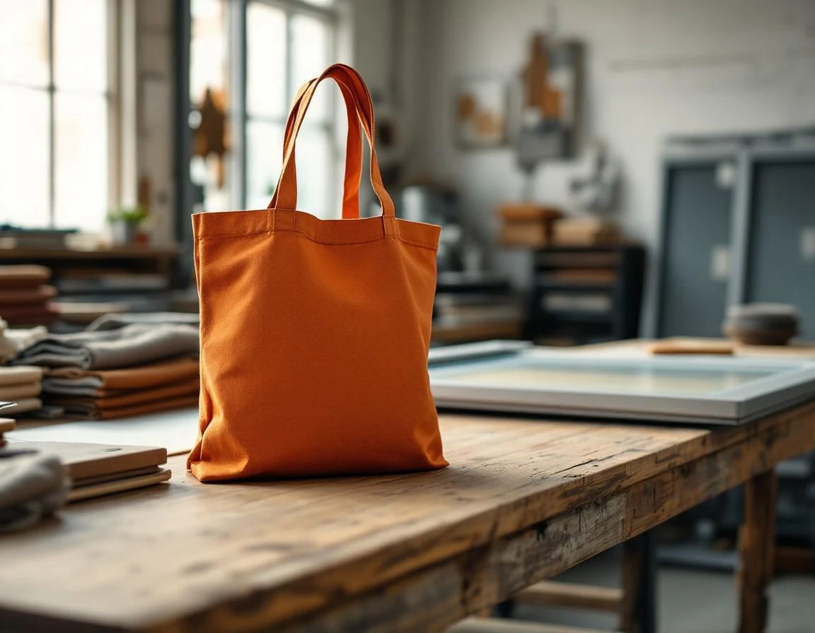 Canvas tote bag on print shop work table with screen printing equipment and fabric samples in natural lighting