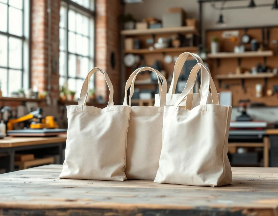 Canvas tote bags on wooden work table in professional print shop workspace with natural window lighting