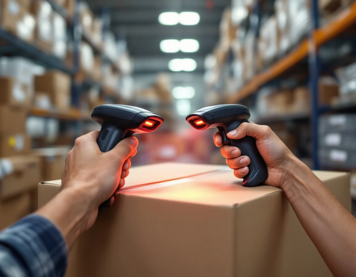Warehouse worker scanning shipping box barcode with handheld scanner in retail stockroom environment