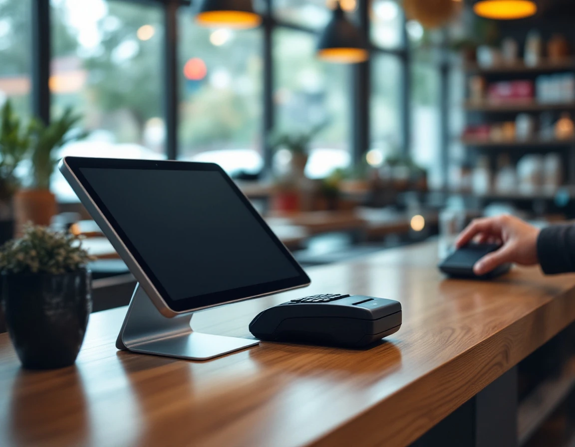Modern POS terminal and card reader on retail checkout counter with natural lighting and authentic material textures