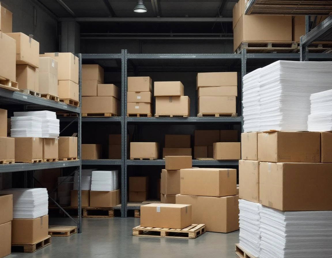Organized warehouse shelving with shipping boxes, printing paper, and supplies in a distribution facility