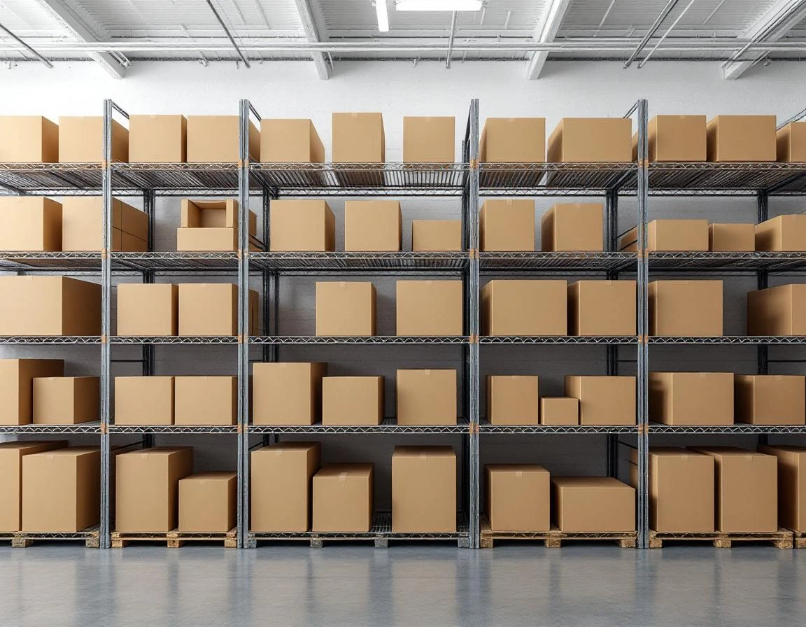 Organized warehouse shelving with unmarked shipping boxes arranged in rows for systematic inventory tracking