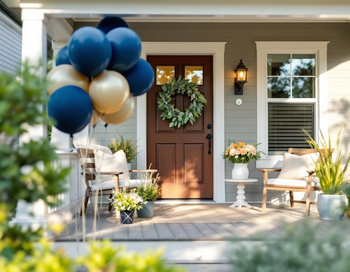 Front porch decorated with balloons and florals for graduation celebration at residential home