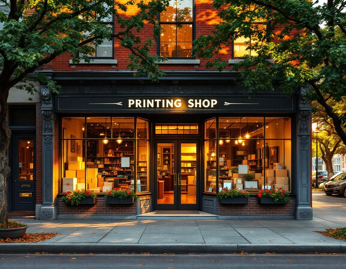 Brick printing shop storefront with warm lighting and welcoming entrance at dusk