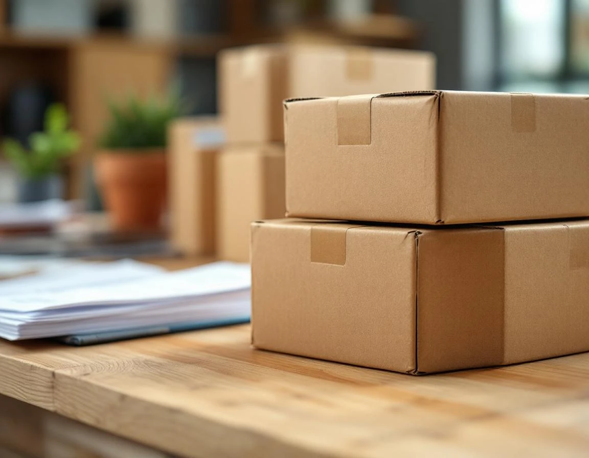 Corrugated shipping boxes and customs paperwork on desk in natural office lighting