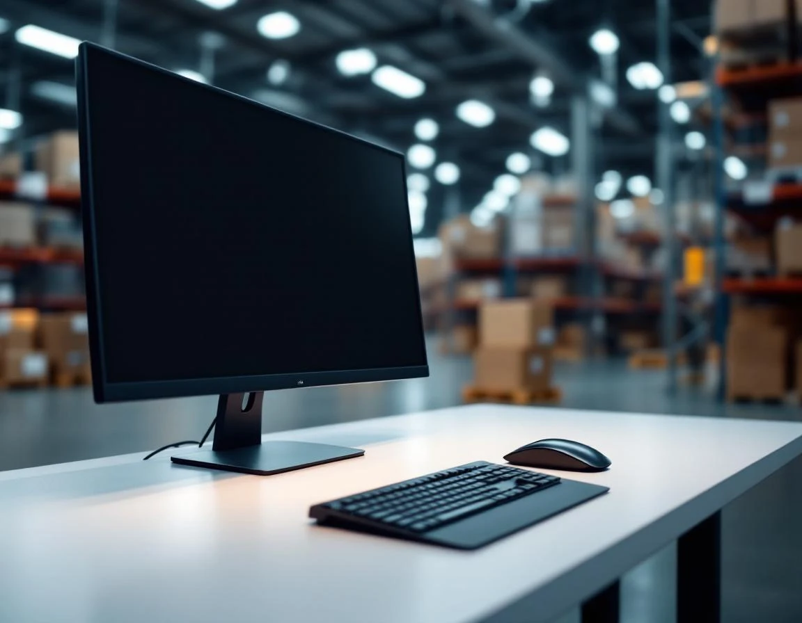 Warehouse logistics workspace with blank monitor and organized shipping inventory in background