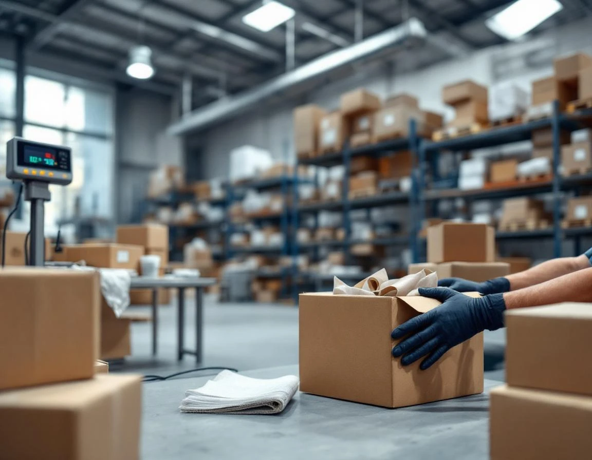 Warehouse worker packing shipping boxes with bubble wrap and brown paper materials on industrial worktable