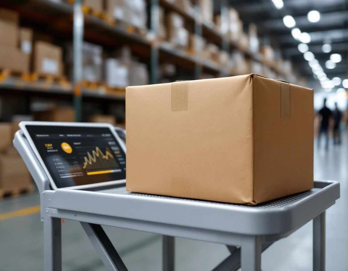 Warehouse cart with shipping box and inventory management tablet displaying real-time stock level data