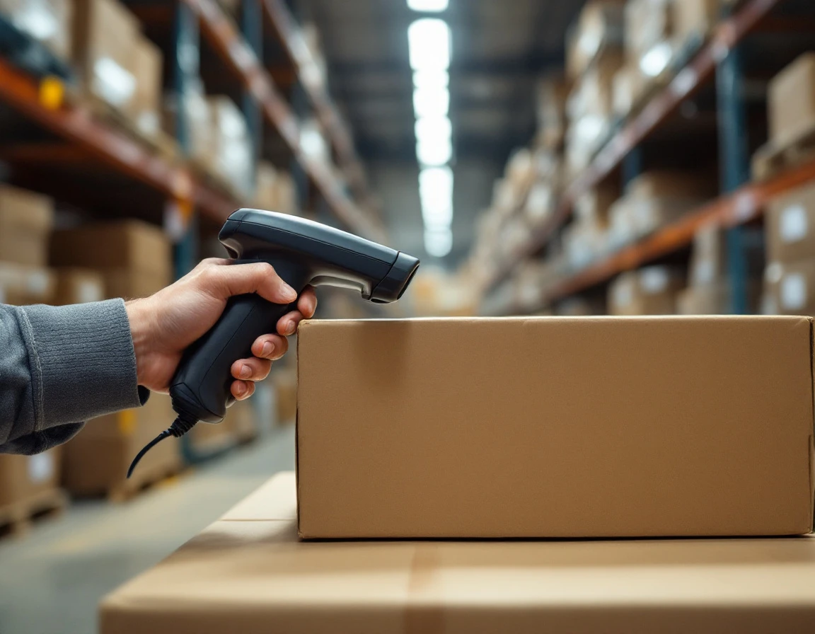 Handheld scanner checking package barcode during inventory count at shipping storefront