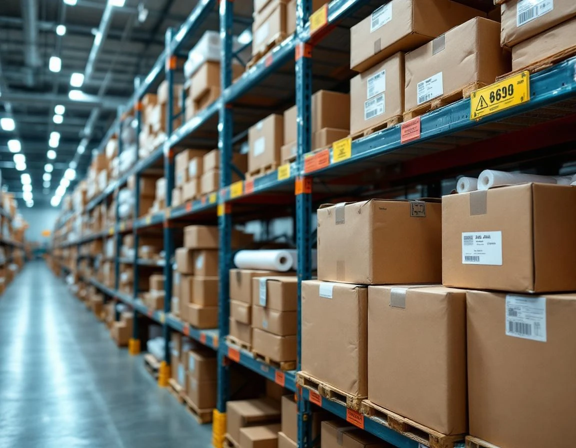 Organized warehouse shelving with shipping boxes and inventory tags in sharp focus