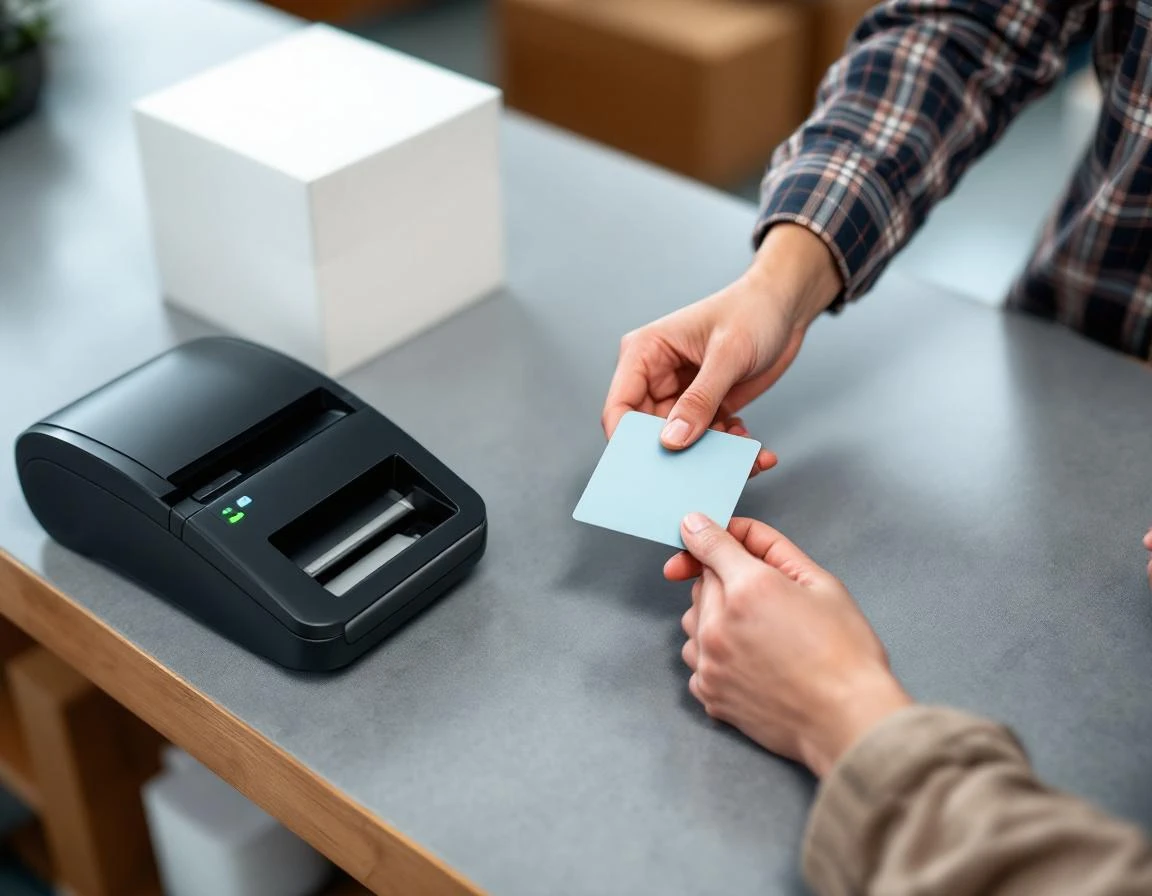Point-of-sale terminal and thermal printer on retail counter with hands positioned for contactless payment transaction