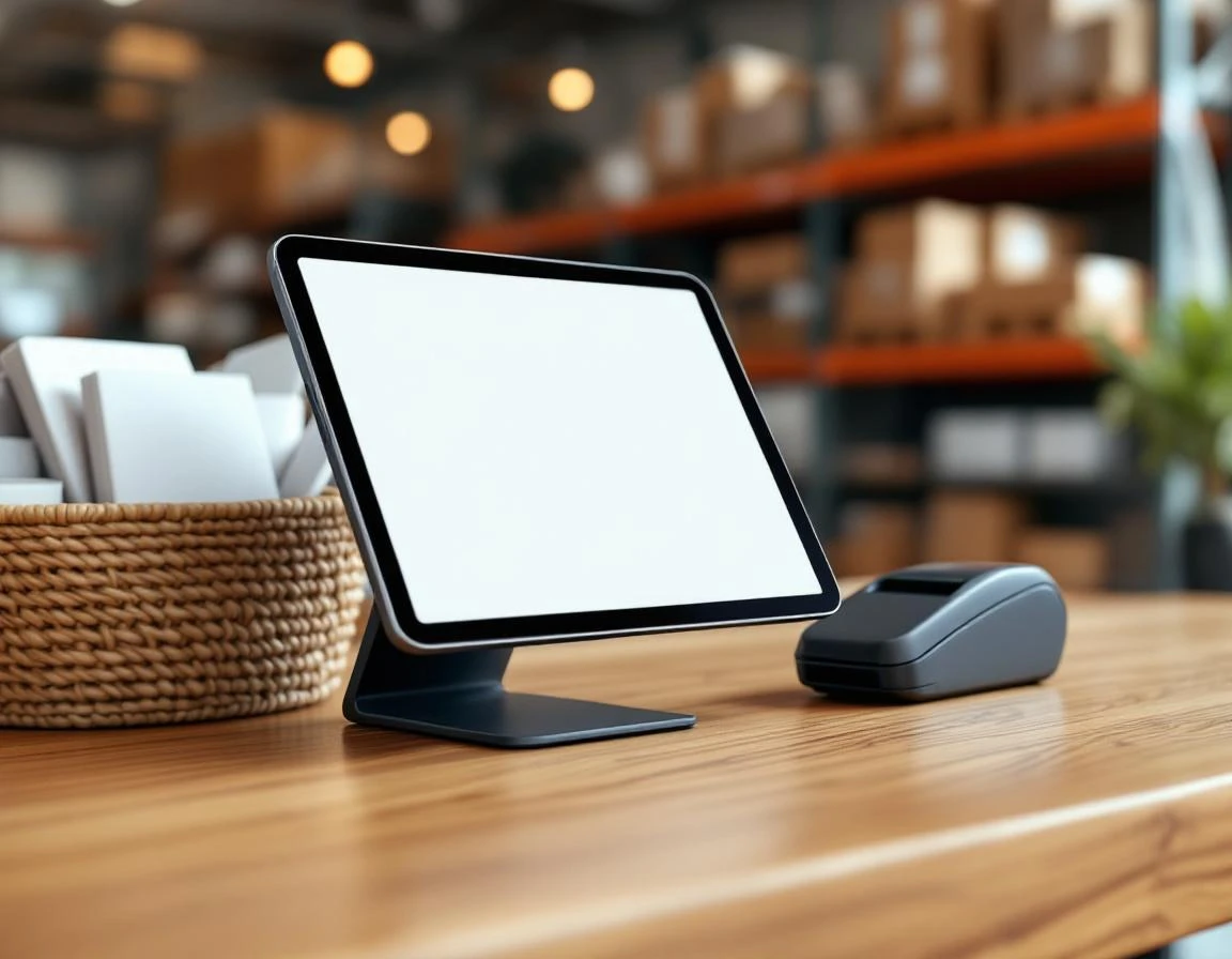 Modern POS tablet and card reader on wooden retail counter in pack-and-ship store with clean workspace setup