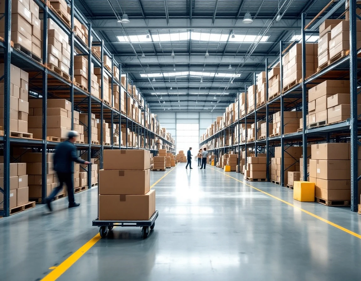 Warehouse interior showing organized shelving with unmarked packages and logistics infrastructure for mail consolidation