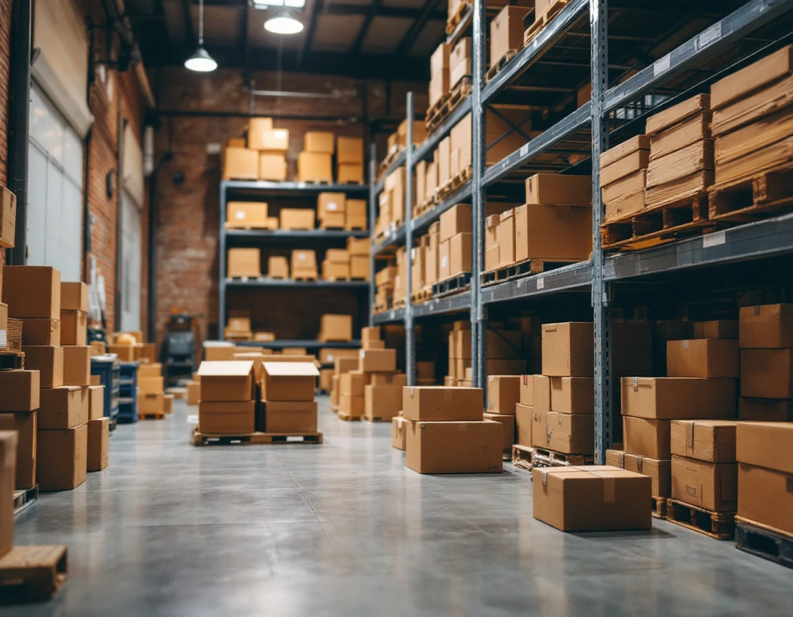Organized cardboard boxes stacked on industrial warehouse shelving showing efficient shipping storage systems