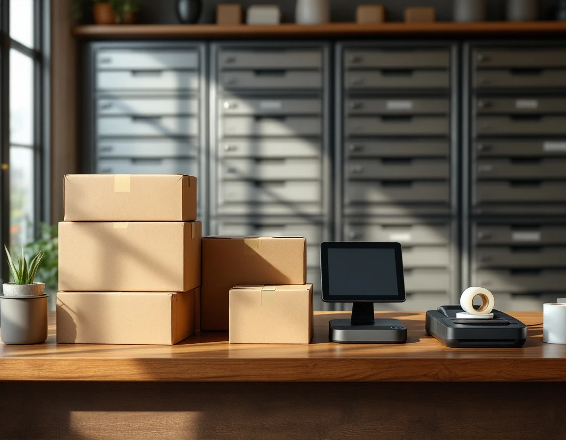 Shipping supplies and point-of-sale equipment on wooden counter with mailbox storage in background