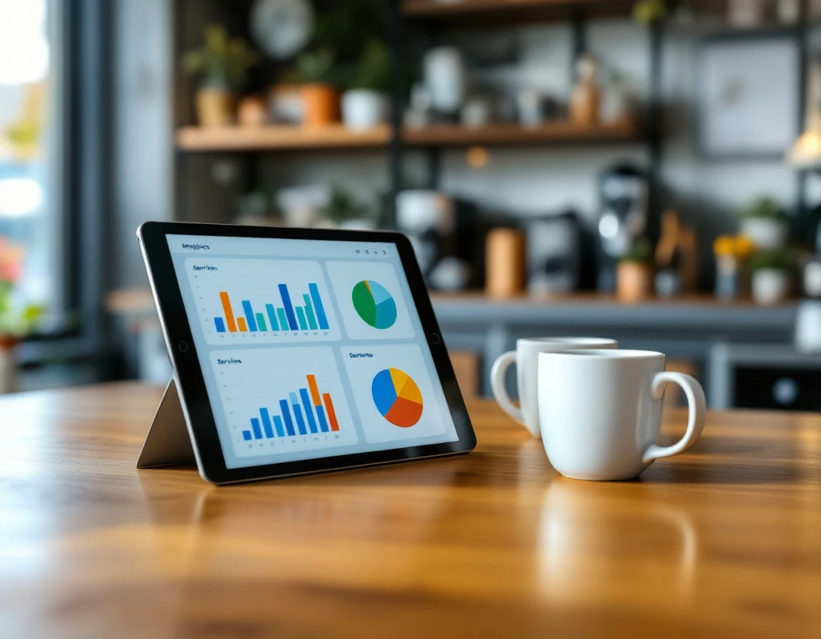 Tablet displaying colorful analytics charts on wooden counter with coffee mugs in independent business setting