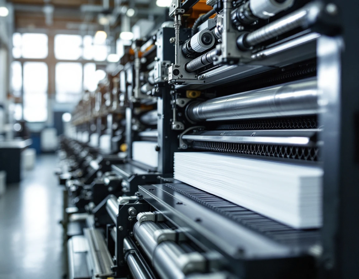 Commercial printing press machinery with paper feed system in modern production facility