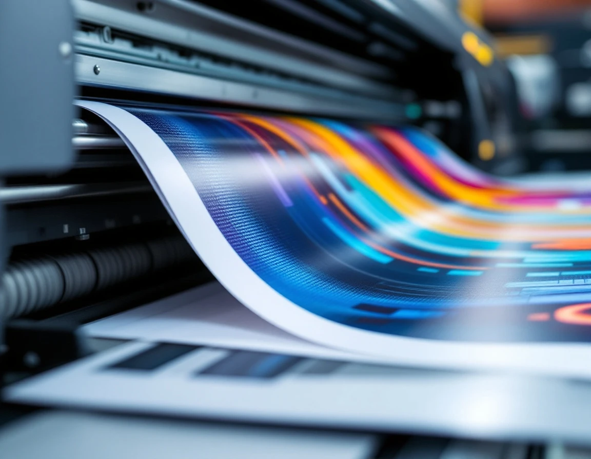 Large-format printer producing high-quality direct mail materials in professional print shop environment