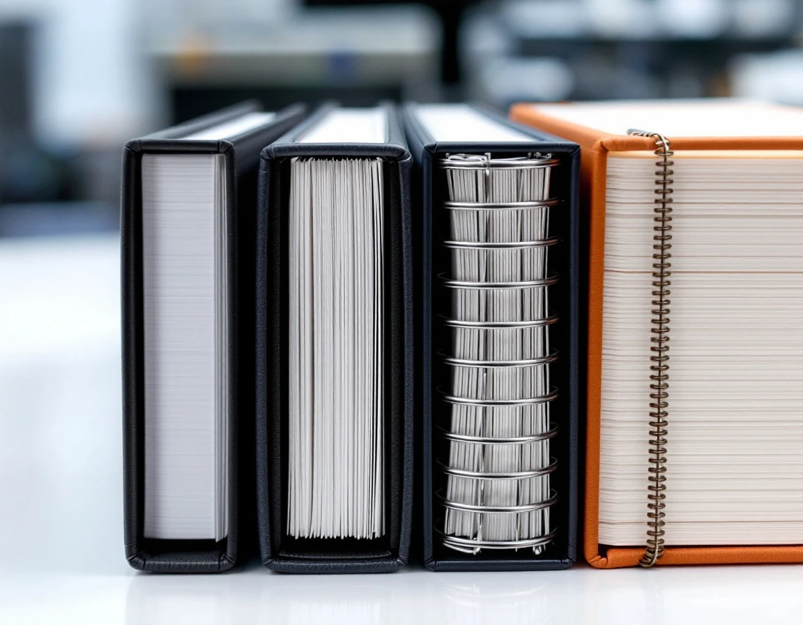 Four premium binding methods displayed side by side showing craftsmanship differences in comb, spiral, wire, and thermal