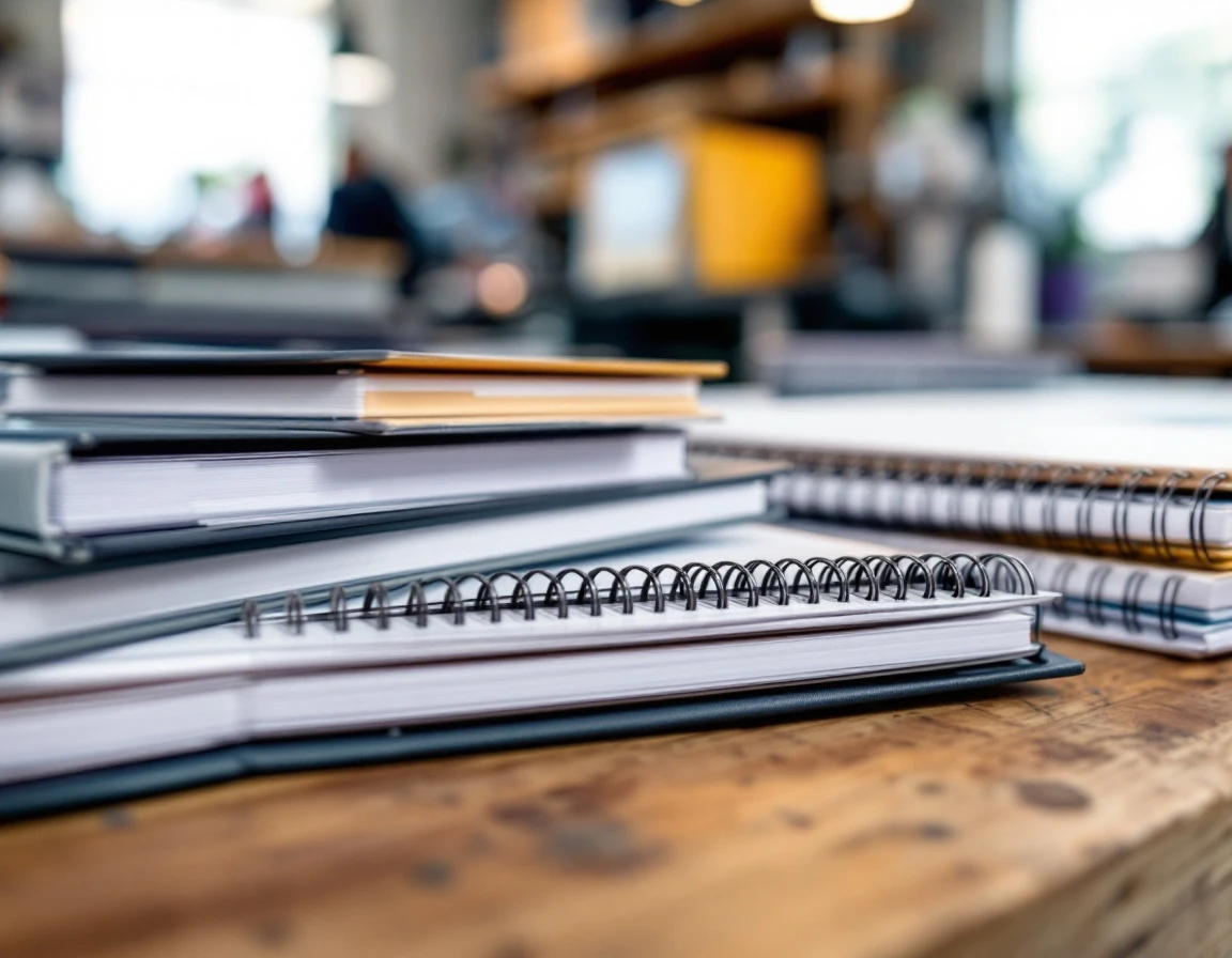 Professional binding samples showing spiral, comb, wire-o, and thermal binding techniques on finished documents
