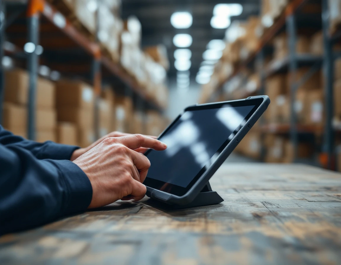 Warehouse worker using POS tablet at shipping counter with cardboard boxes in background