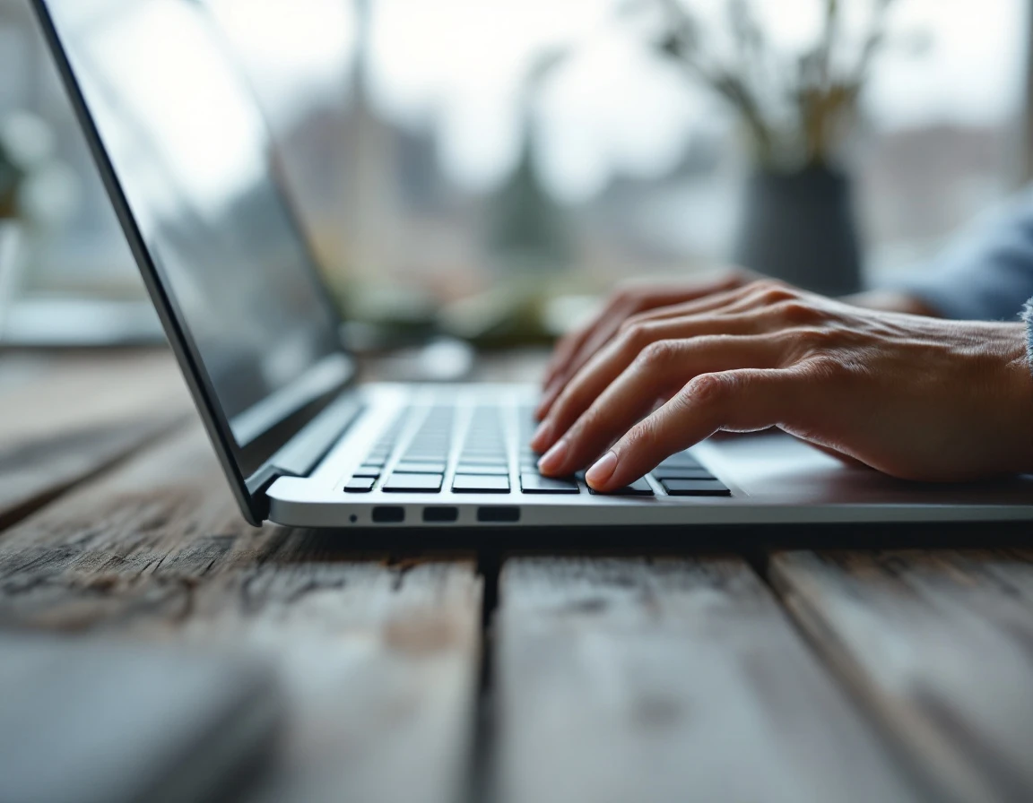 Close-up of hands typing shipping comparison searches on laptop keyboard in natural workspace lighting