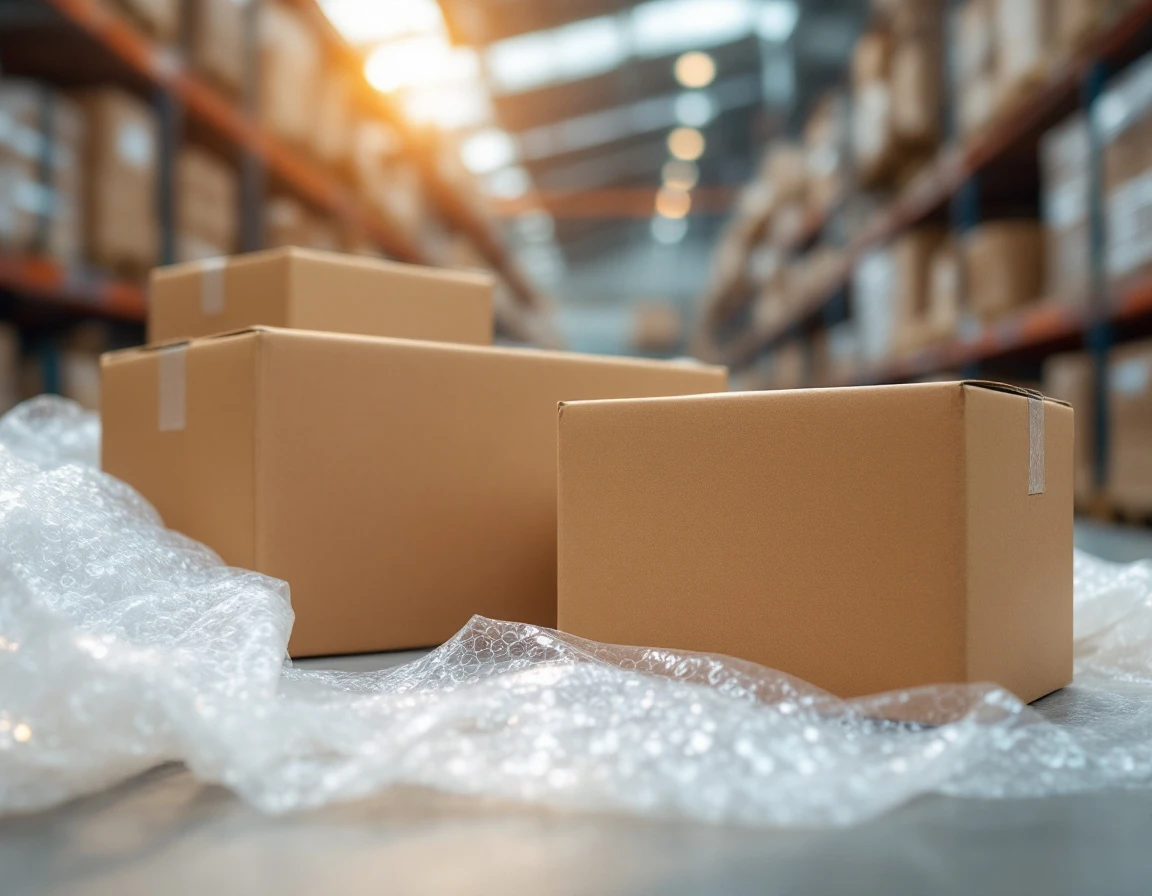 Shipping boxes, packing tape, and bubble wrap in warehouse with natural directional lighting