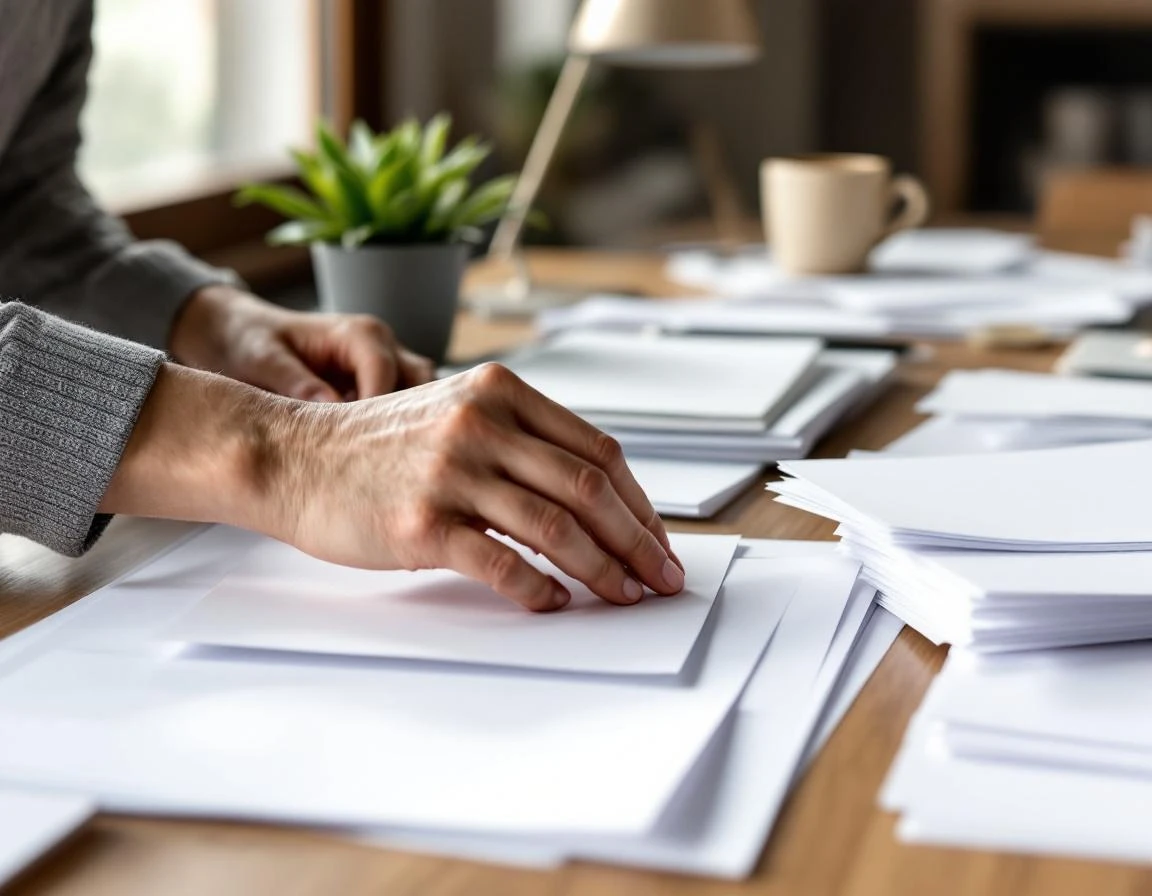 Hands organizing blank printed documents on wooden desk with natural lighting and office plants