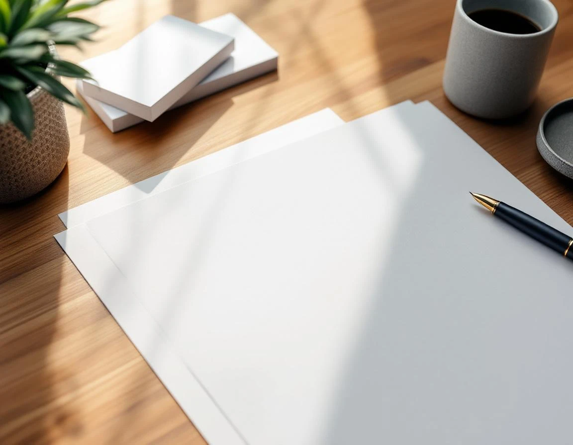 Blank business cards and letterhead arranged on wooden desk showing professional print collateral quality