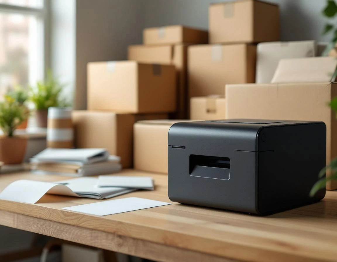 Clean shipping workspace with thermal printer and organized packing materials ready for small business operations