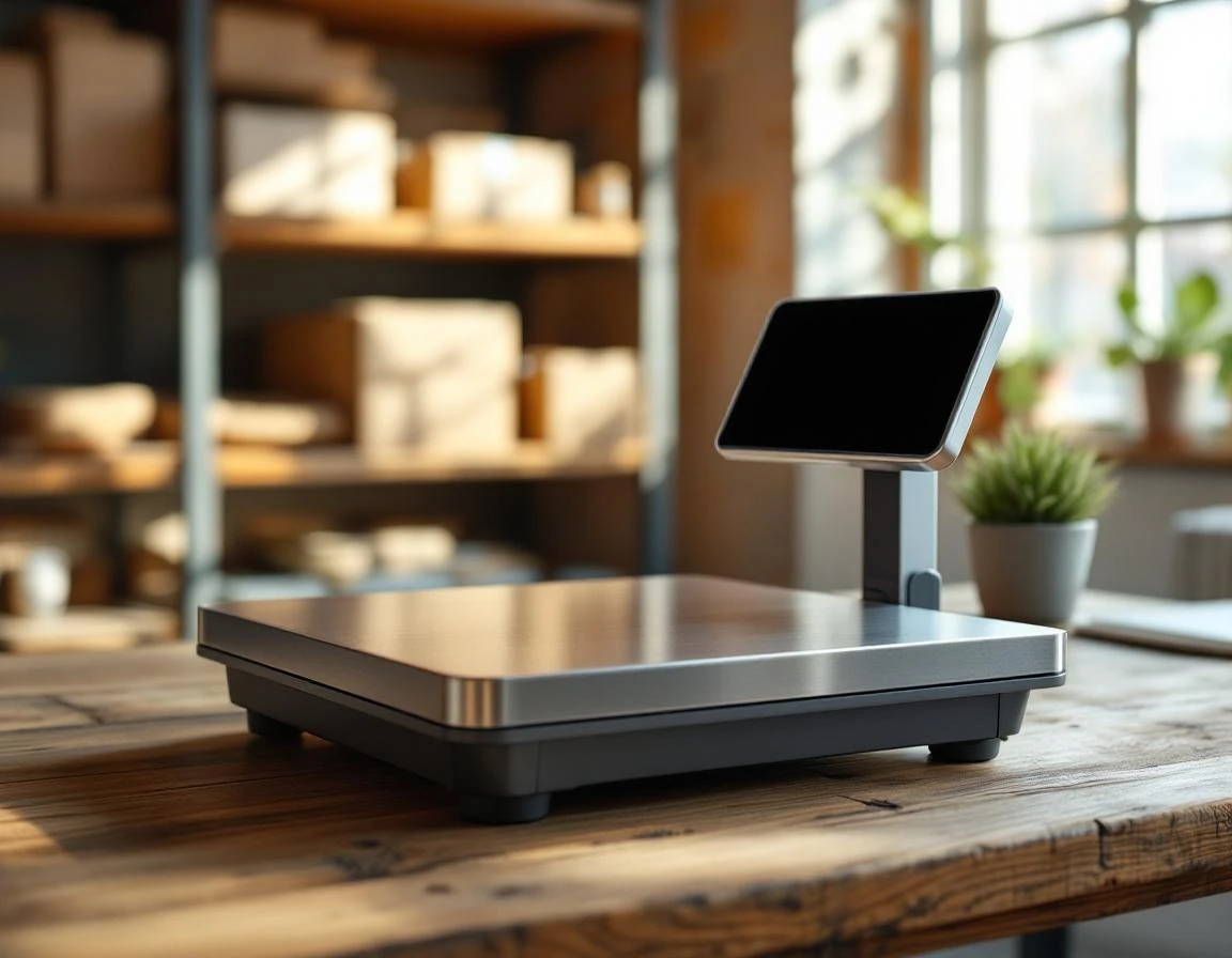 Professional digital shipping scale on wooden workspace in independent pack-and-ship store