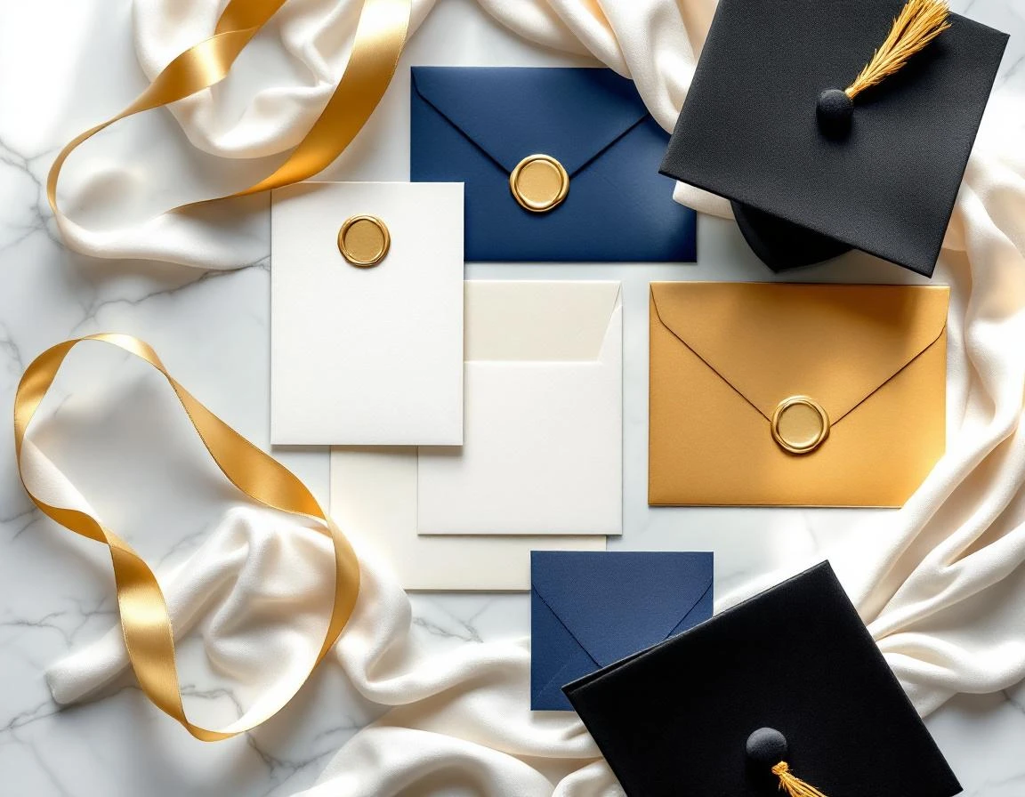 Luxury graduation stationery flatlay with navy blue and gold paper goods, envelopes, and graduation cap on marble