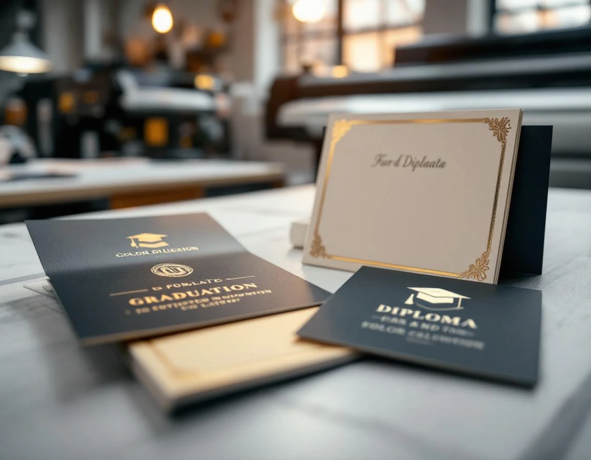 Graduation announcements and certificates with embossed details on printing shop workspace with equipment in background