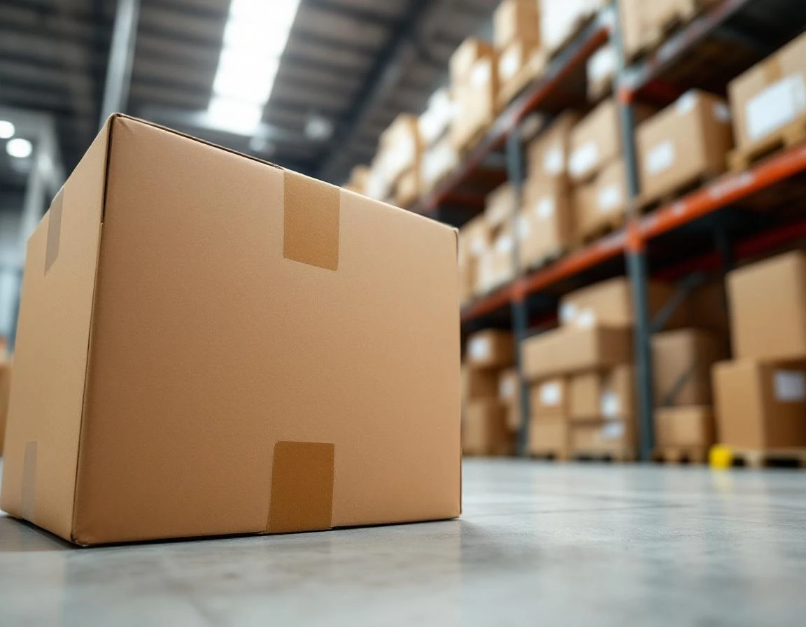 Close-up of varied-size freight boxes on warehouse shelving showing irregular dimensions