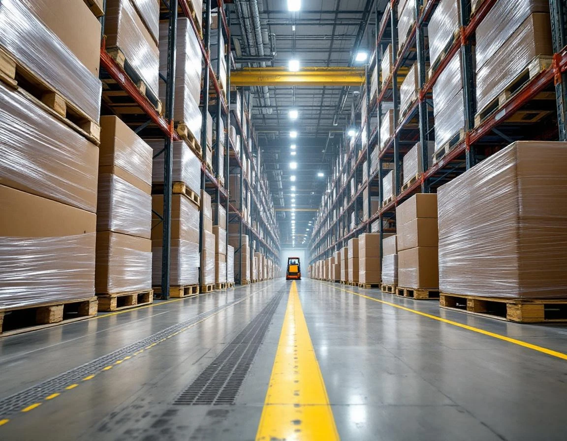 Automated warehouse with oversized freight pallets and industrial storage systems for dimensional shipment processing