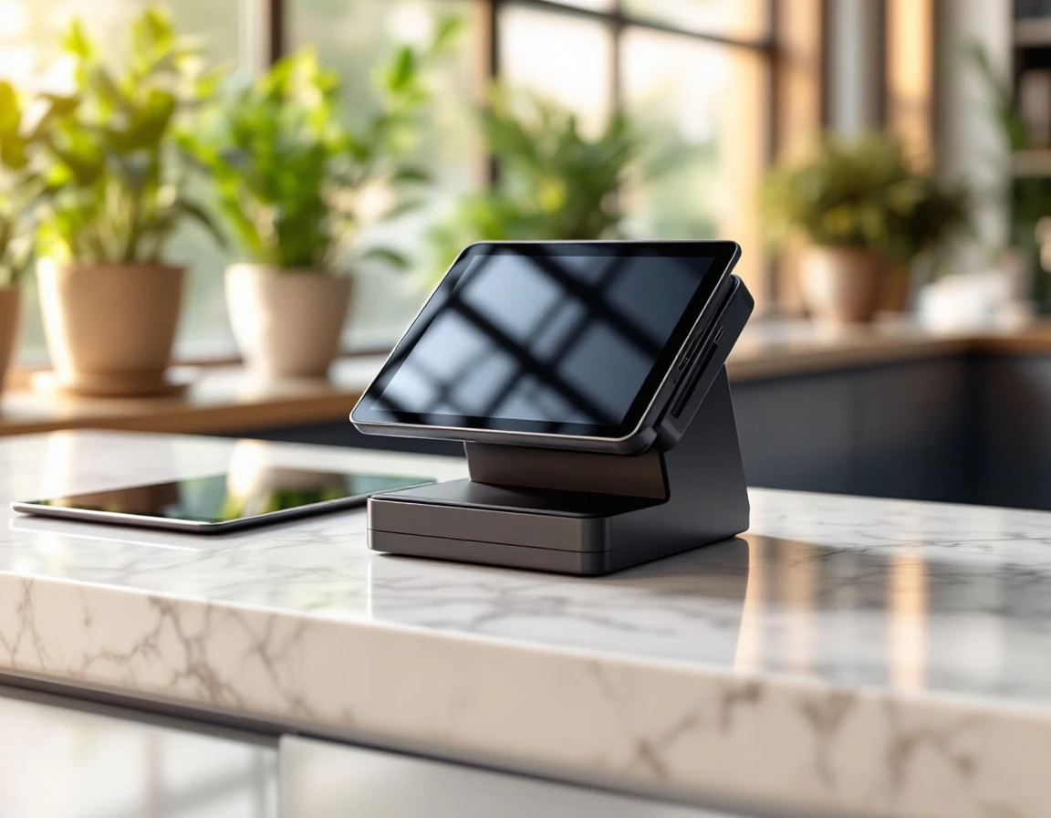 Payment terminal and tablet devices on retail counter with natural window lighting