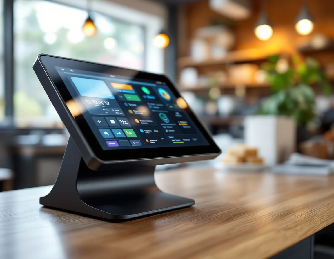 Modern POS payment terminal on retail counter with touchscreen displaying transaction interface