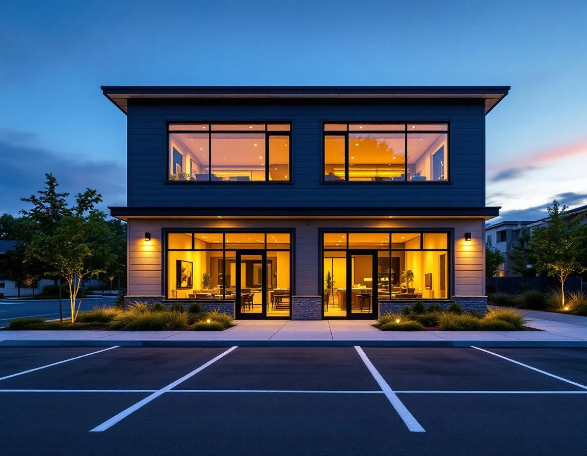 Modern commercial office building entrance at twilight with professional exterior lighting and glass facade