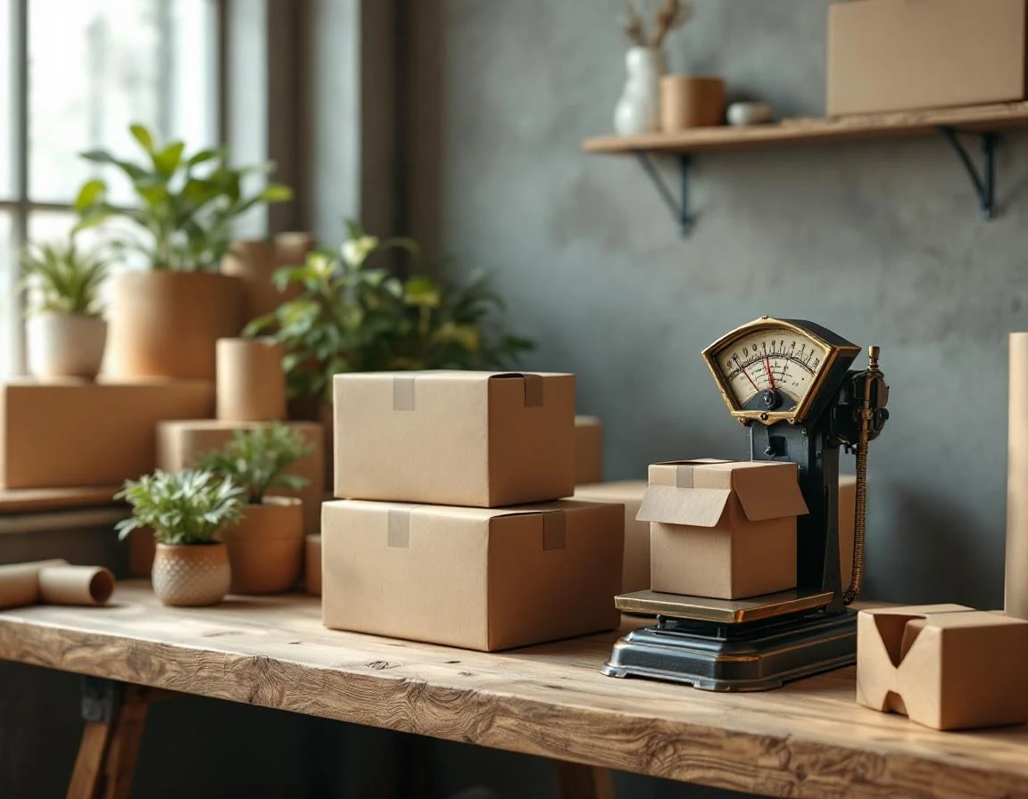 Packing station with kraft boxes and vintage postal scale in modern fulfillment workspace with natural lighting