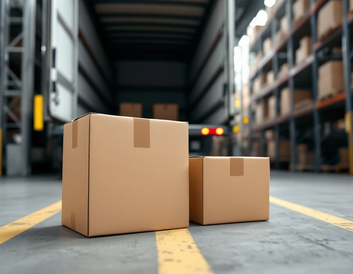 Plain cardboard boxes of varying sizes on warehouse loading dock floor with freight truck in background