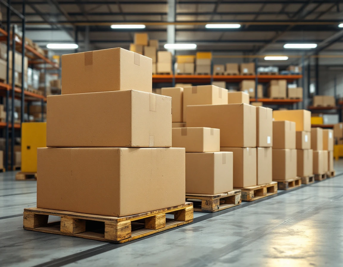 Stacked freight boxes and parcels on warehouse pallets showing various shipping sizes from small packages to LTL cargo
