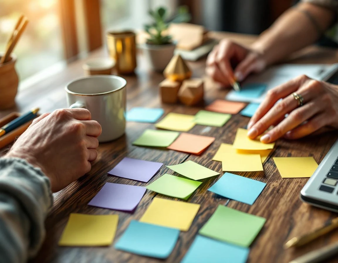 Hands arranging colorful sticky notes on wooden desk with coffee mug and planning tools for timeline organization
