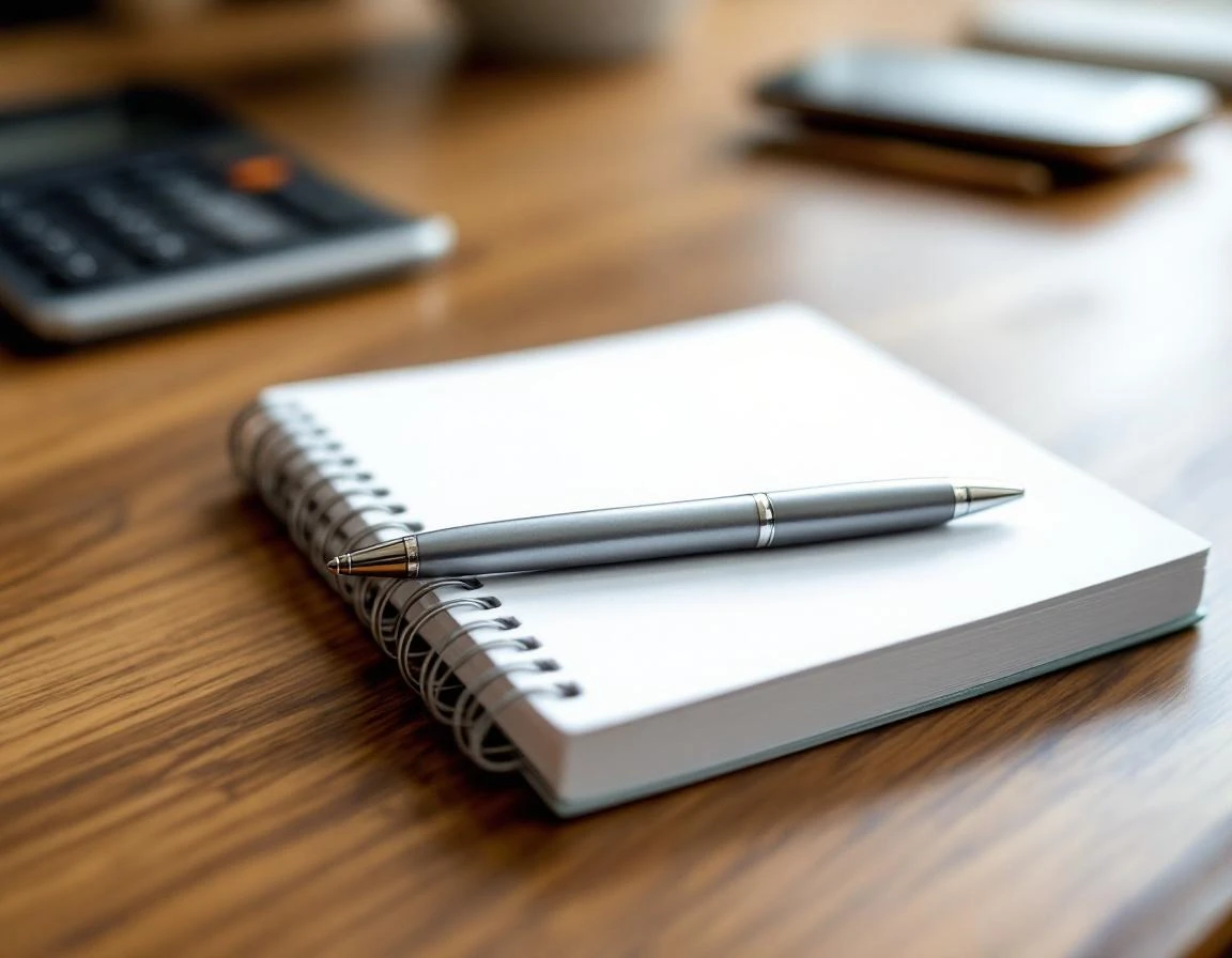 Blank notepad with professional pen on wooden desk in natural lighting for business planning