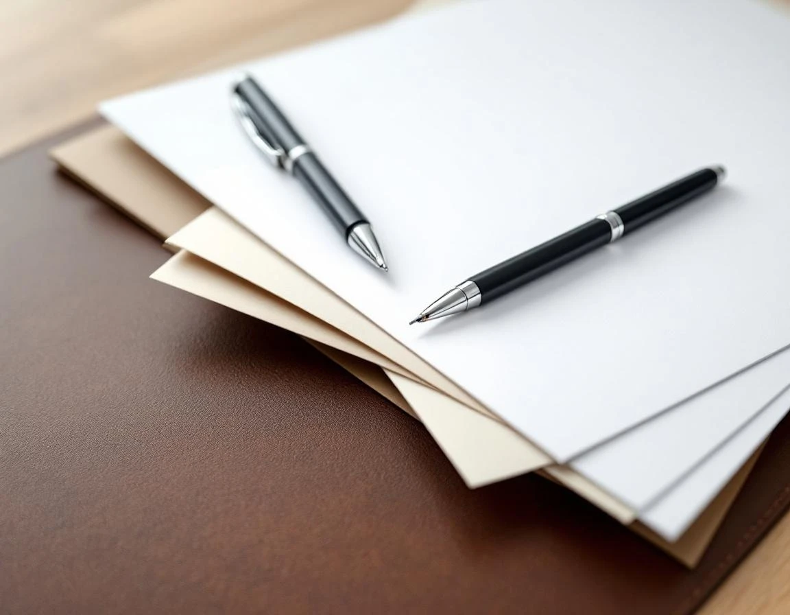 Clean desk workspace with blank documents, pens, and office supplies arranged for tax season preparation