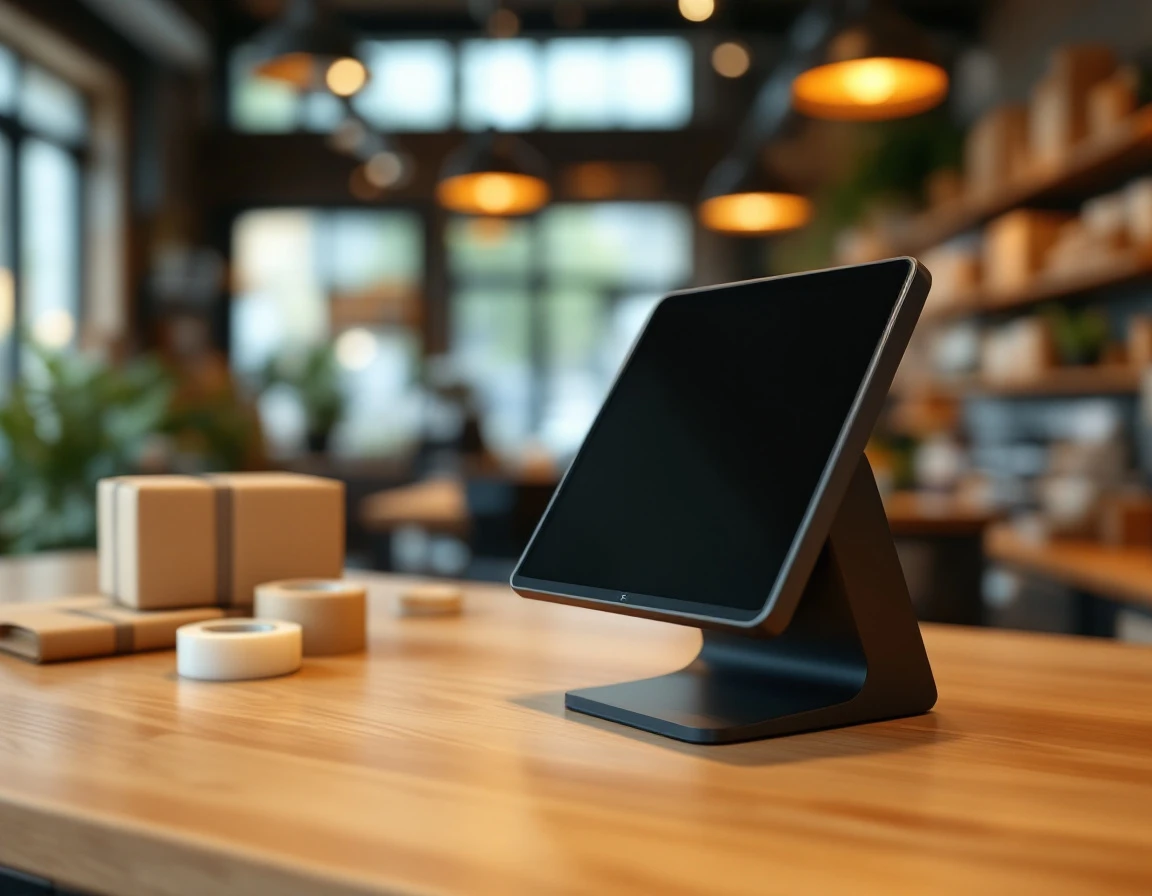 POS terminal on retail counter with shipping supplies in warm store environment