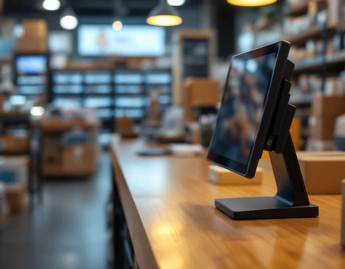 Modern POS terminal with thermal printer at pack-and-ship retail counter with shipping supplies in background