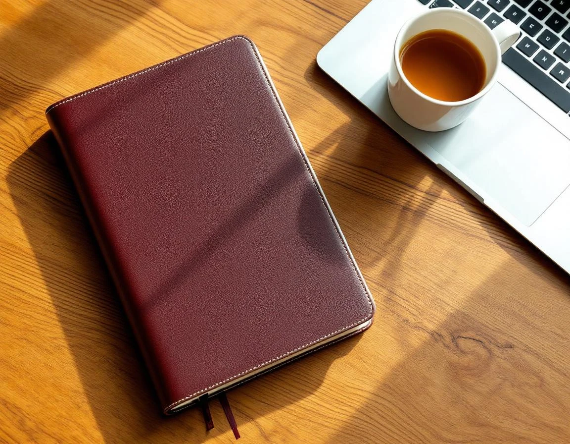 Workspace with leather notebook, wooden desk, and professional materials showing attention to craftsmanship details