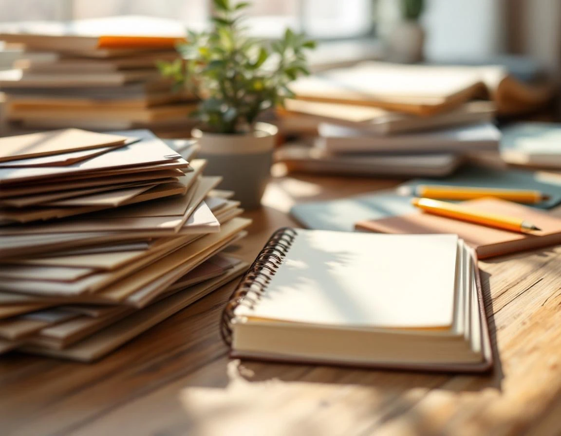Paper swatches and design materials arranged on wooden desk with natural lighting in print shop workspace