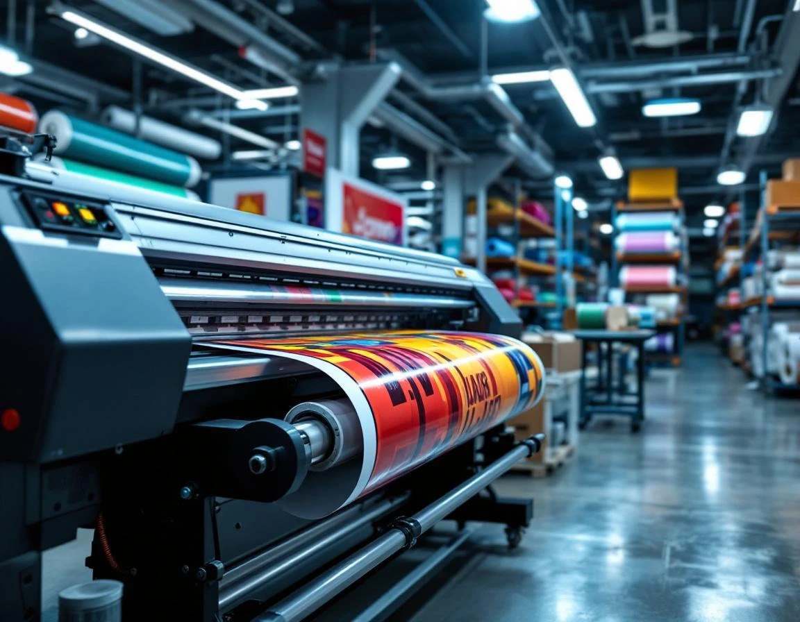 Wide-format vinyl printer producing colorful yard sign material in commercial sign shop with organized inventory